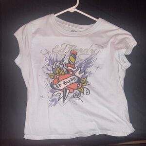 Ed Hardy White Tee with Colorful Tattoo Design